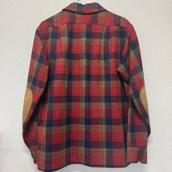 Pendleton Wool Shirt Mens Size M Plaid Elbow Patches Red Blue Distressed Vintage - Picture 7 of 8